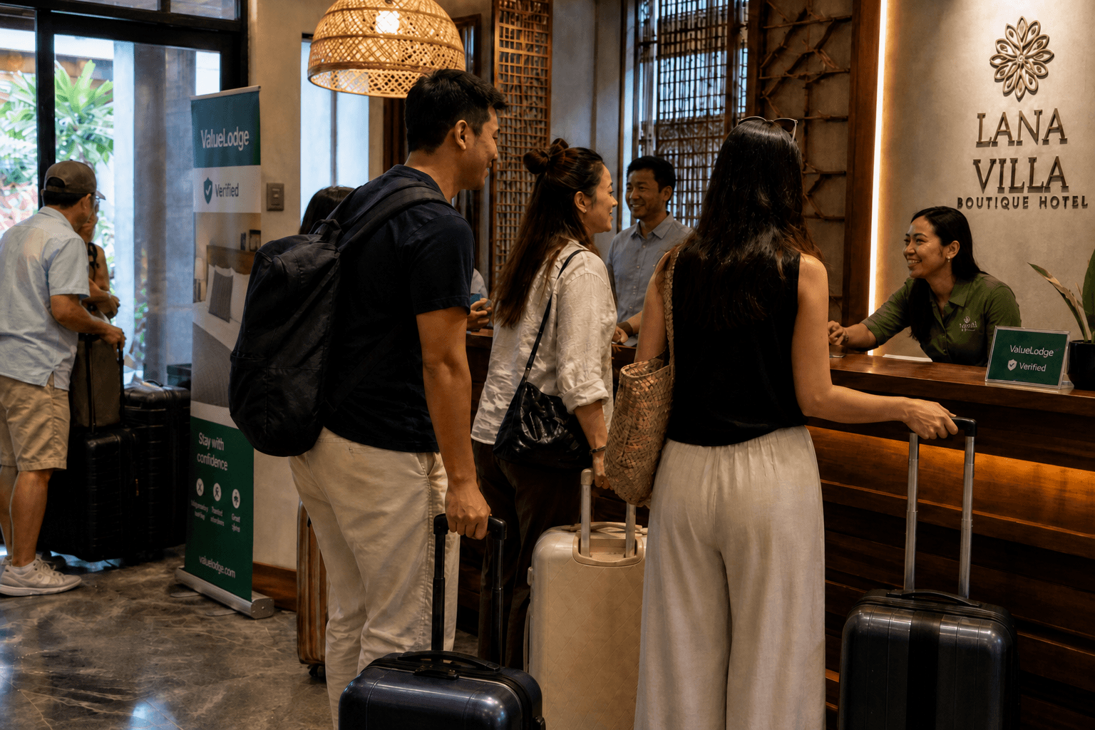 Busy hotel lobby with guests checking in; ValueLodge Verified banner angled naturally near the wall